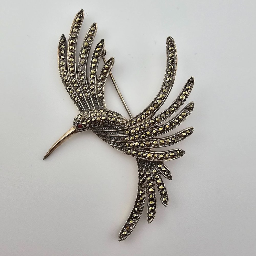 Vintage 925 Sterling Silver Marcasite Hummingbird Brooch Pin